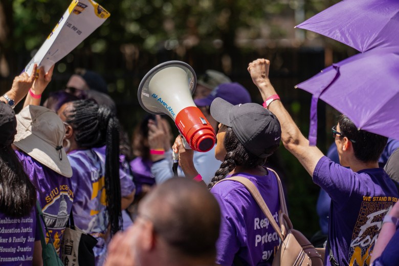 Supporters of SEIU Local 1000, rally in front of the Governor's Mansion in Sacramento on June 8, 2023. Photo by Julie A Hotz for CalMatters